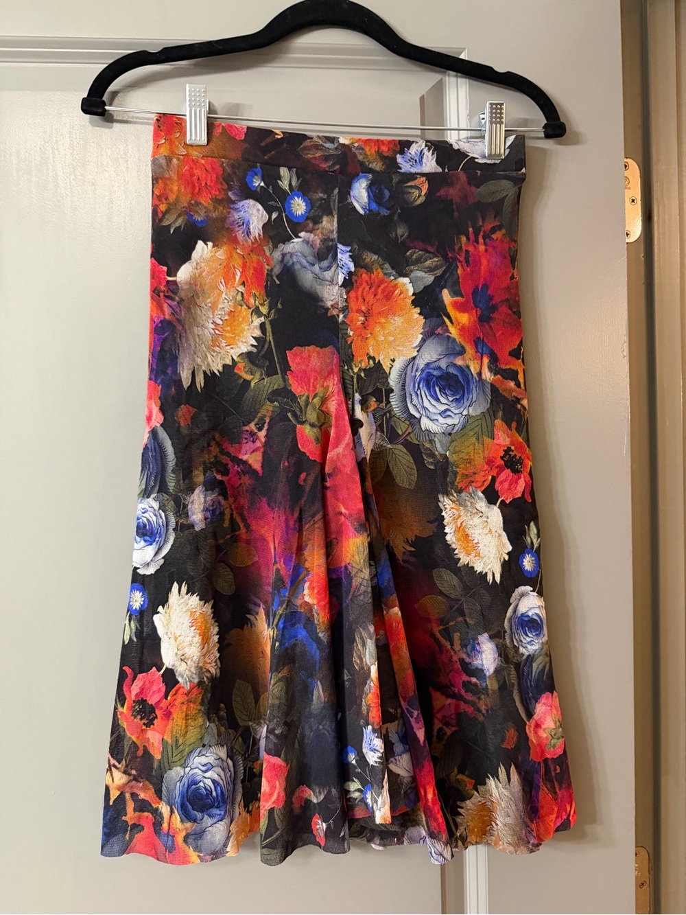 Black Floral Midi Skirt with Multicolor Blooms